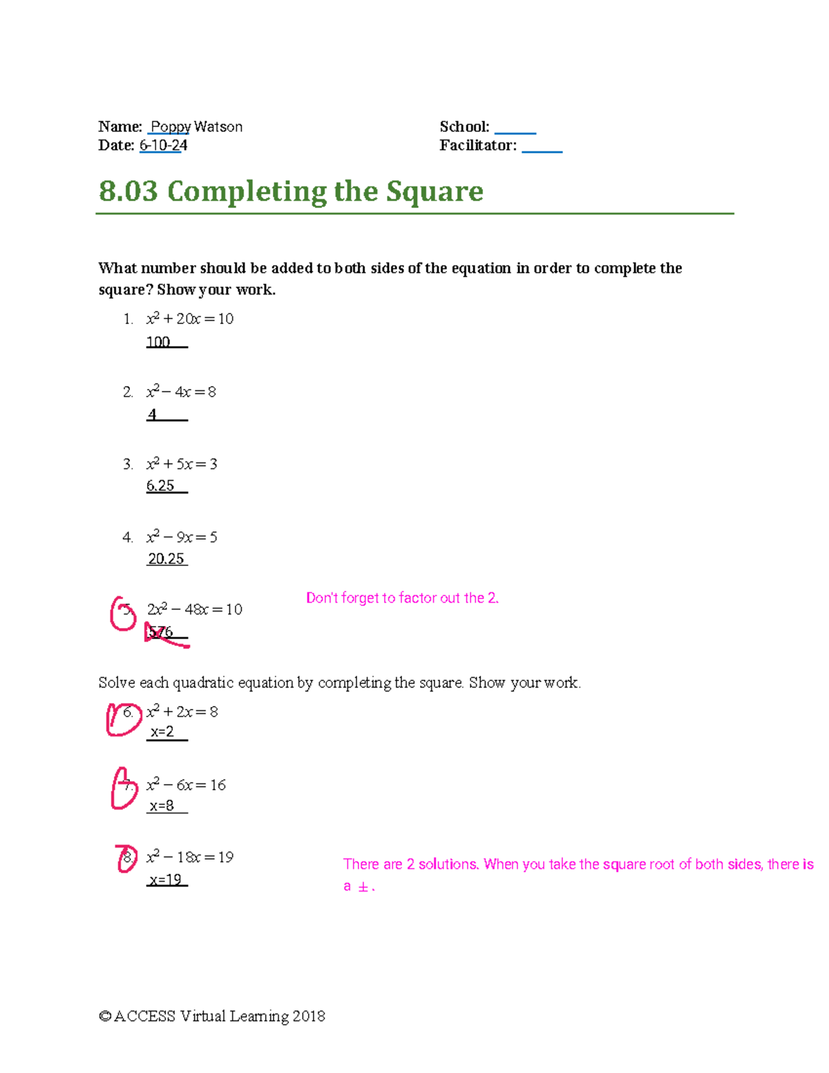 8.03 Completing the Square - Practice Problems & Solutions - Studocu