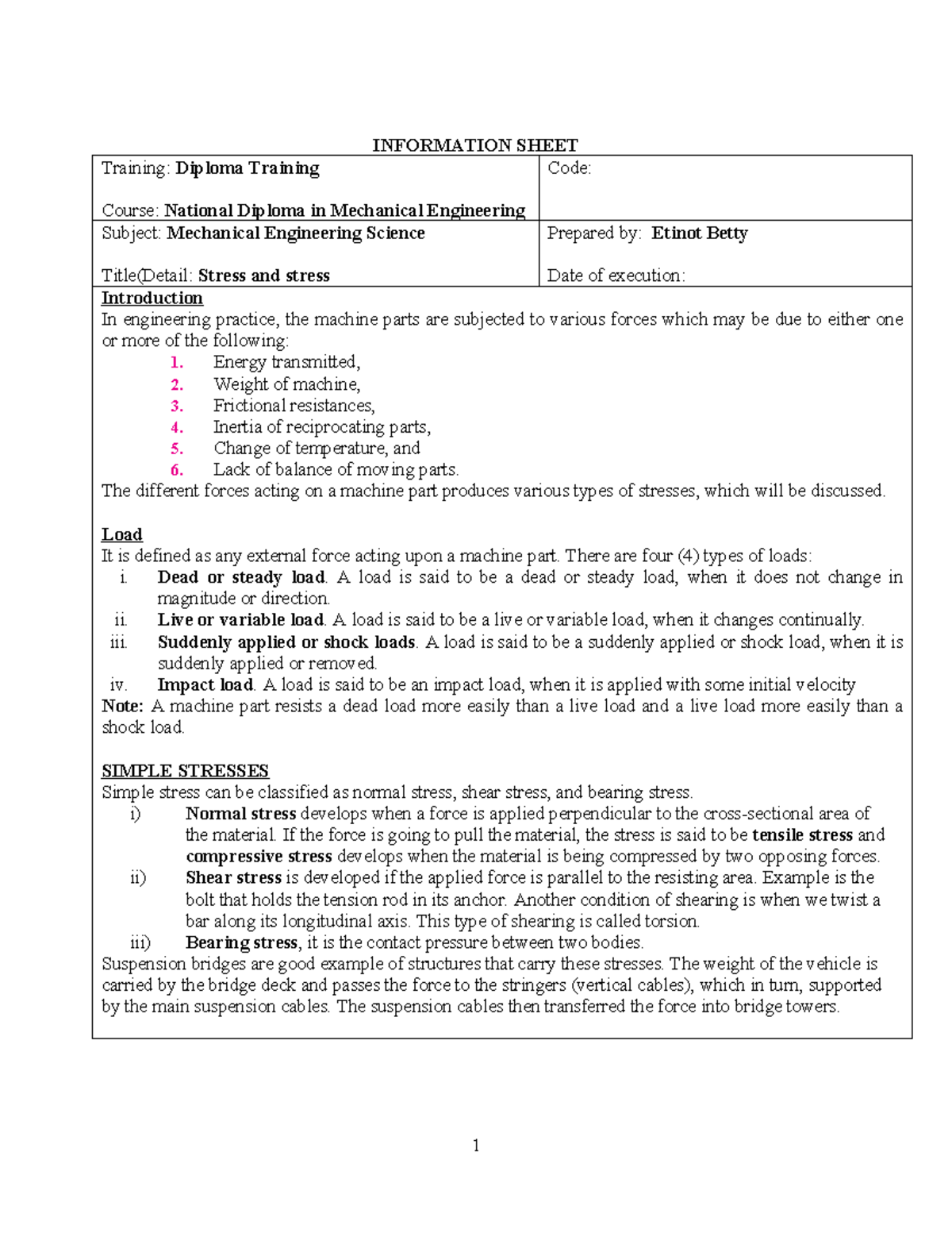 Mechanical Engineering Science - Lesson PLAN 1: Stress & Strain Part I ...