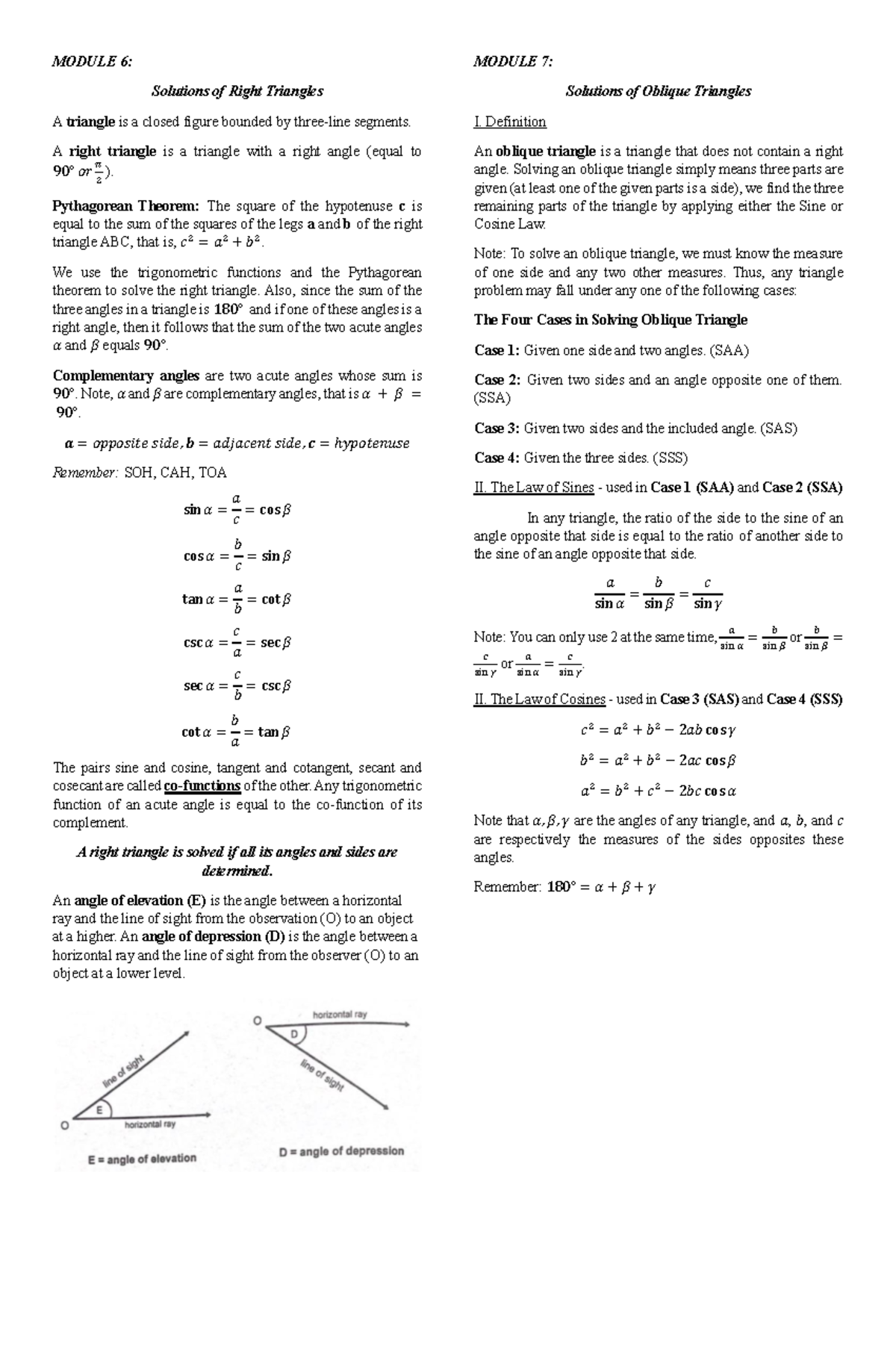 MATH122 Final Term Reviewer: Right and Oblique Triangles Solutions ...
