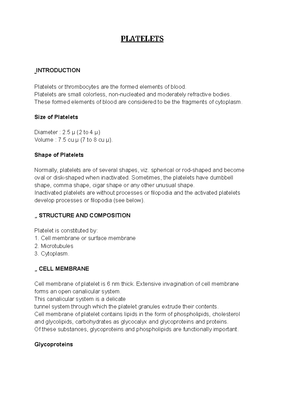 Platelets - Lecture Notes 1: Structure, Function, and Physiological ...