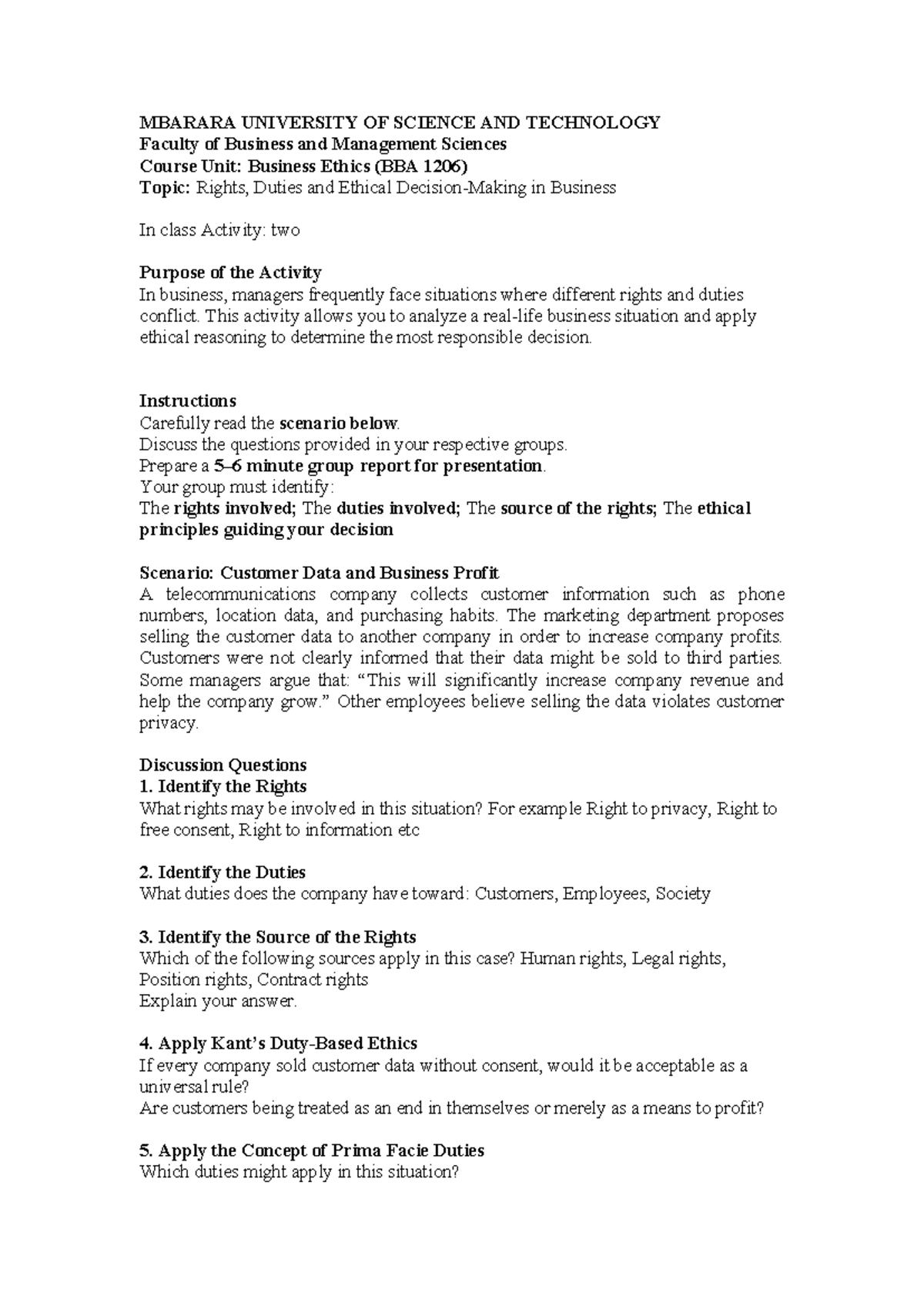 BBA 1206 Business Ethics: Rights, Duties & Ethics in Business - Studocu