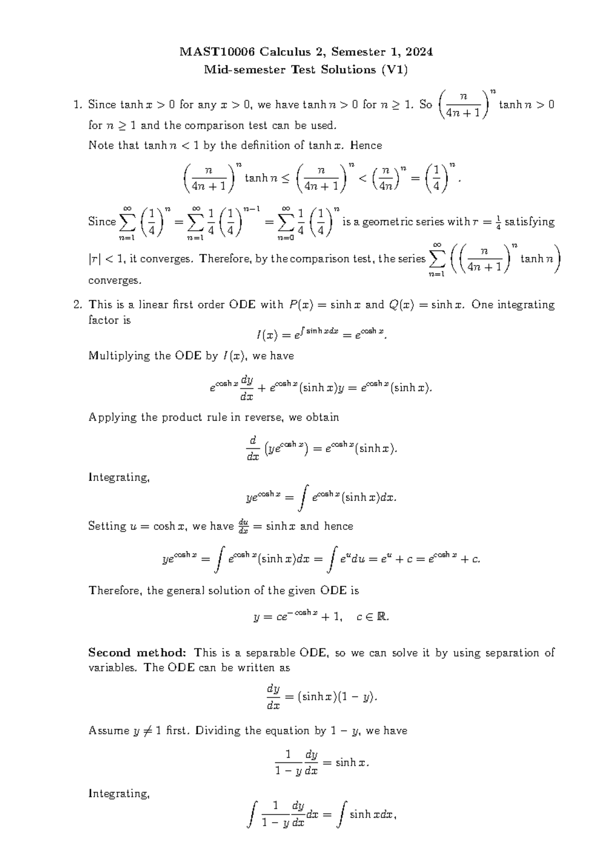 Calculus 2 MAST10006 Semester 1 2024 Test Solutions (V1) - Studocu