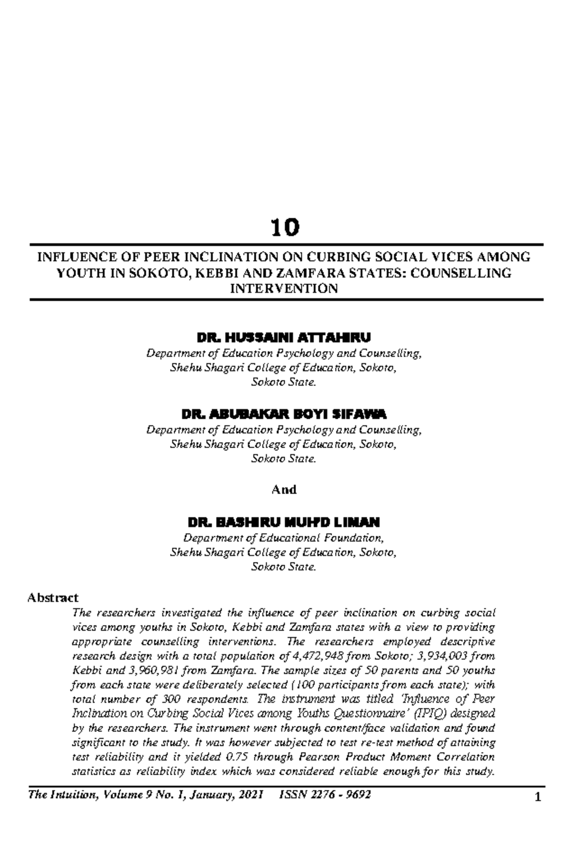 Influence of Peer Inclination on Curbing Social Vices Among Youths in ...