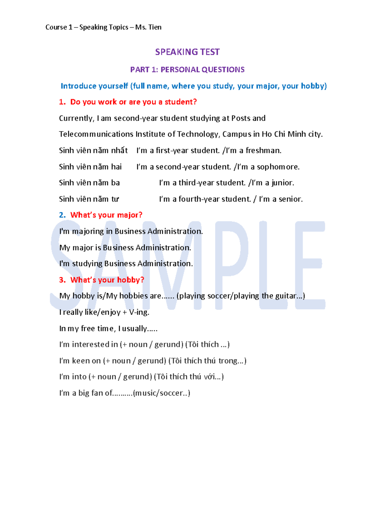 C1 Speaking Test P1: Personal Questions & Topics by Ms. Tien - Studocu