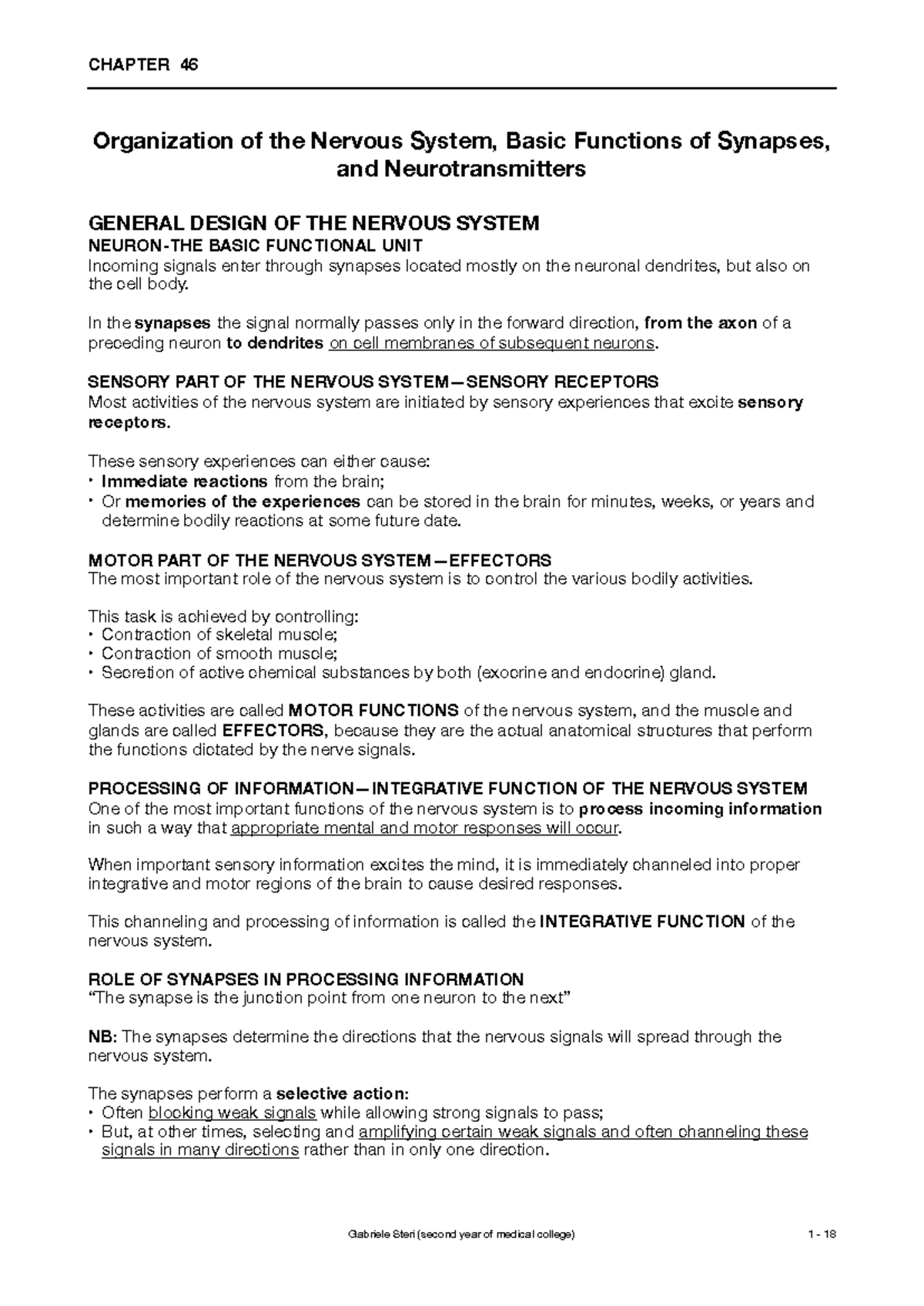 Chapter 46: Organization and Functions of the Nervous System - Studocu