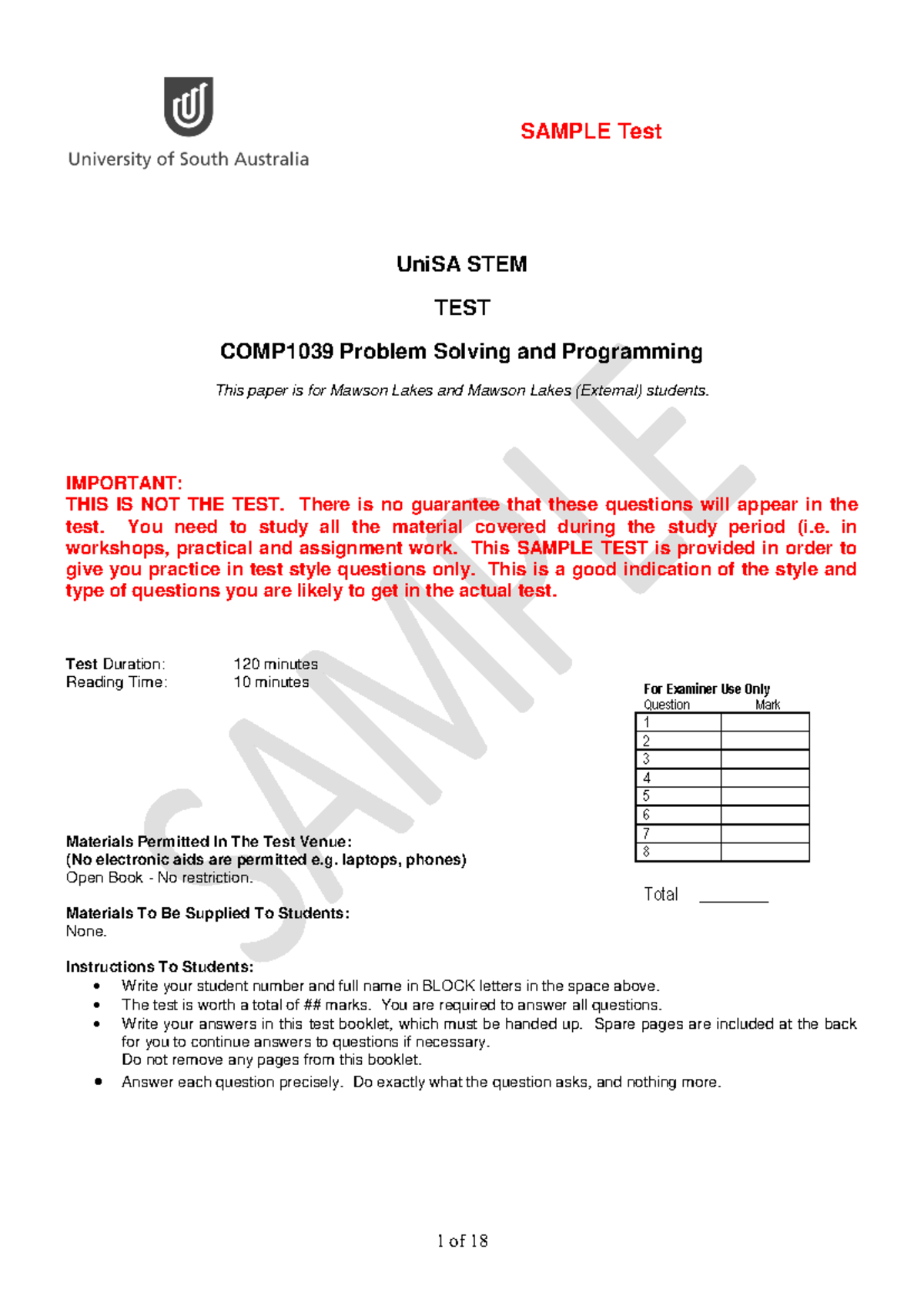 SAMPLE Test COMP1039 Problem Solving & Programming Practice Questions ...