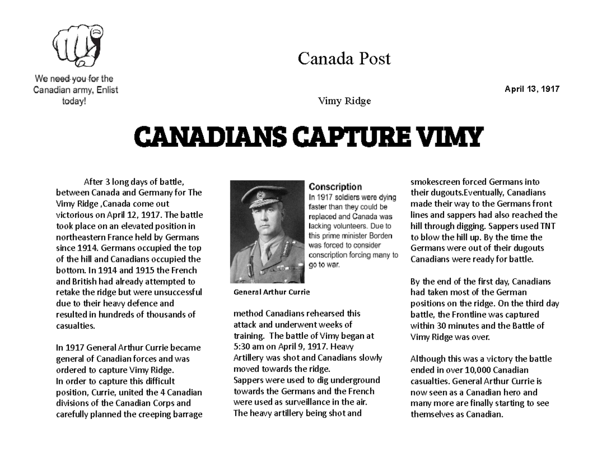 History of the Vimy Ridge Battle - Canada Post Lesson Notes - Studocu