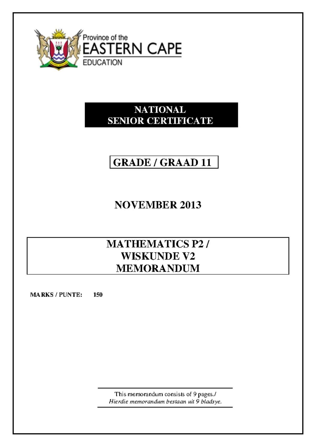 Mathematics P2 Memo - November 2013 Exemplar Marking Guide - Studocu