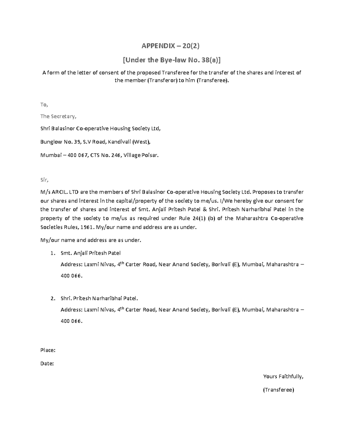Appendix 20(2): Consent Letter for Share Transfer in Housing Society ...