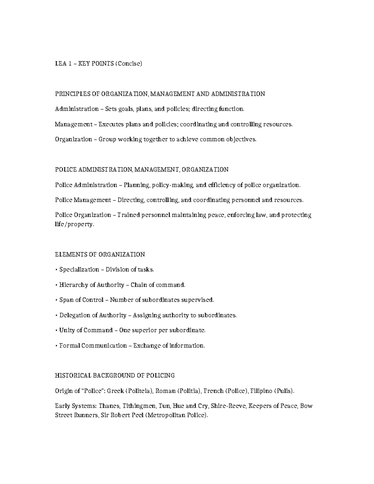 LEA 1 Concise Notes on Principles of Police Administration and ...