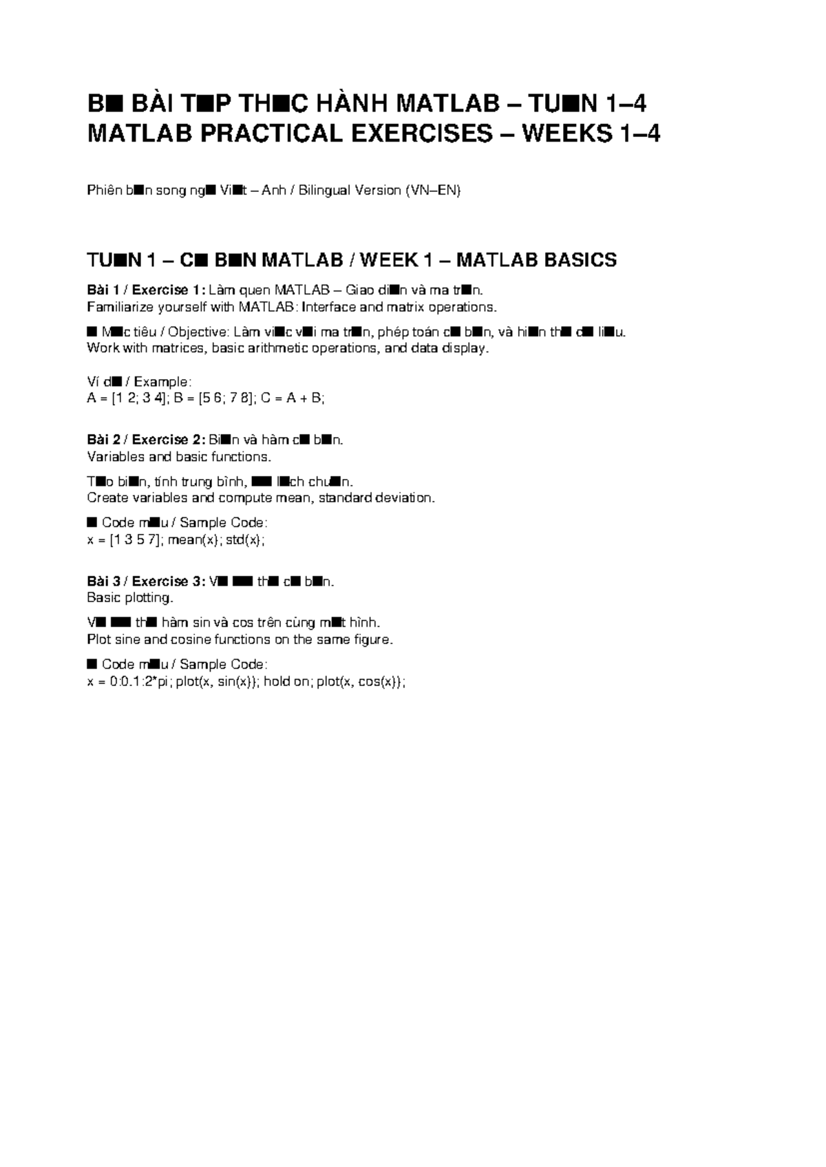 BÀI TẬP THỰC HÀNH MATLAB TUẦN 1-4 (SONG NGỮ) - Studocu