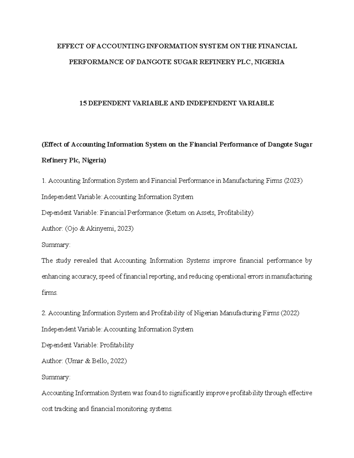 Impact of AIS on Financial Performance of Dangote Sugar Refinery PLC ...