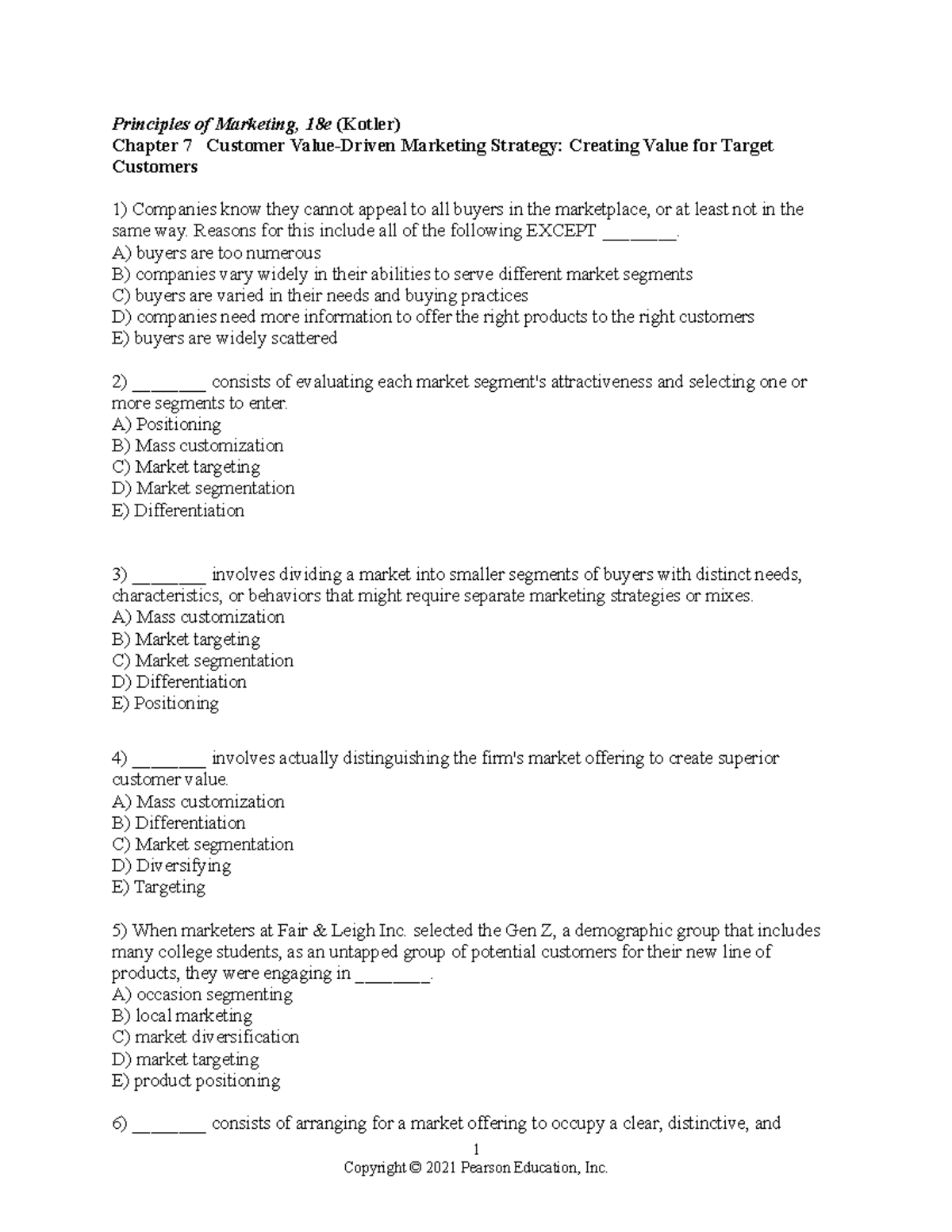 TB CHAP 7 - NO KEYS - Test Bank for Principles of Marketing, 18e - Studocu