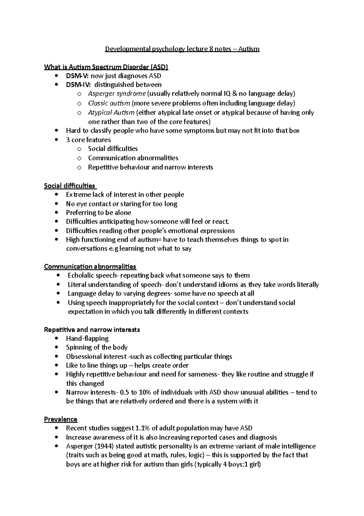 Psychology 101: Lecture Notes on Autism Spectrum Disorder - Studocu