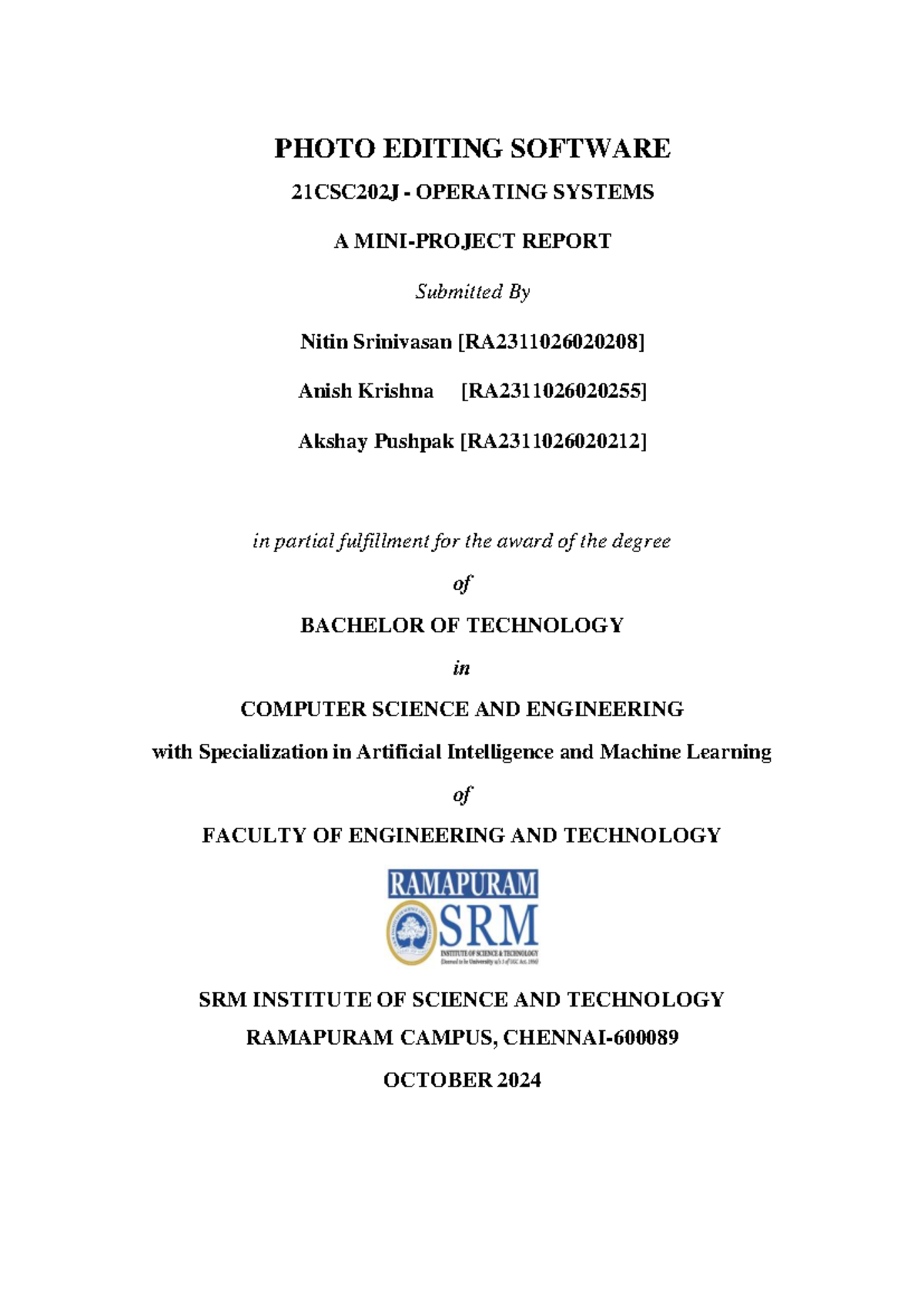 Mini-Project Report: Photo Editing Software (21CSC202J - OS) - Studocu
