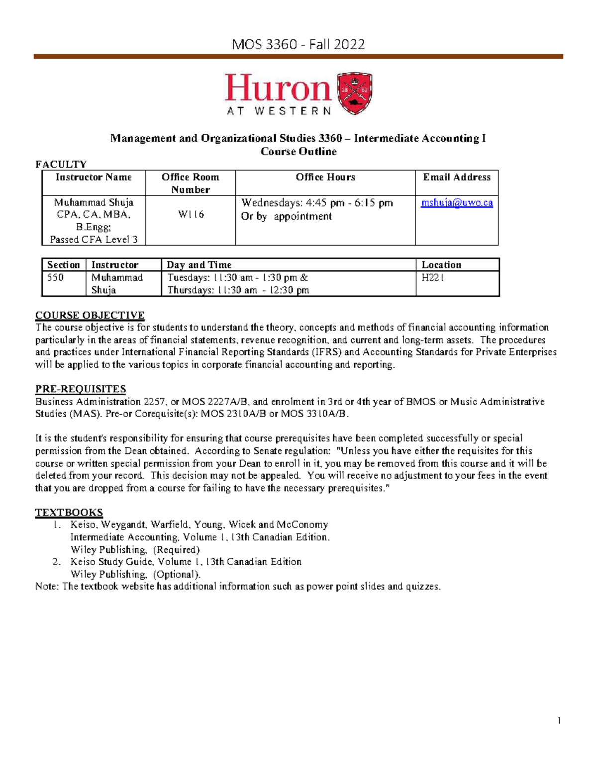 MOS 3360A 550 Fall 2022 - Intermediate Accounting I Course Outline ...
