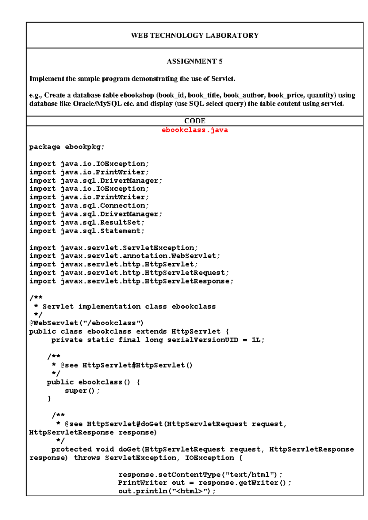 305B054 WTL A5 - Servlet Implementation for Ebookshop Database - Studocu