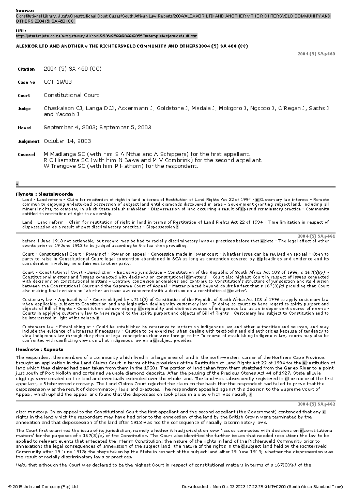 Alexkor LTD AND Another v THE Richtersveld Community AND Others 2004 (5 ...