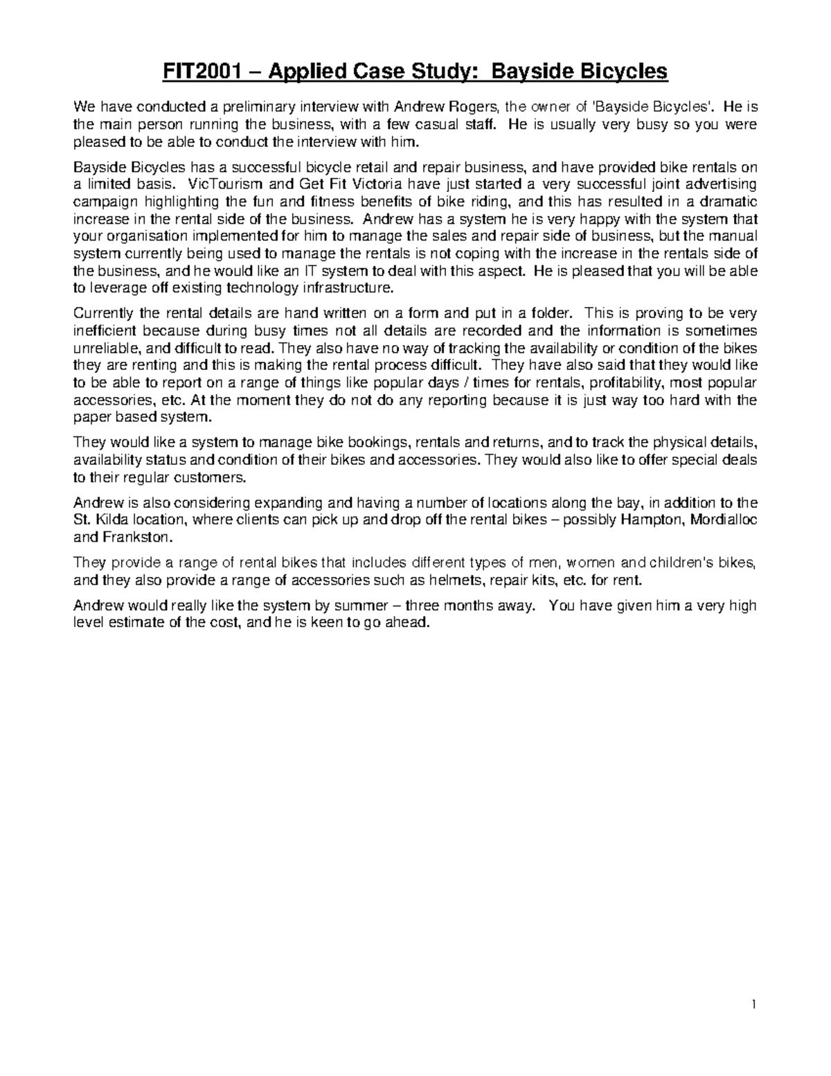 FIT2001 Applied Case Study: Enhancing Bayside Bicycles' Rental System ...