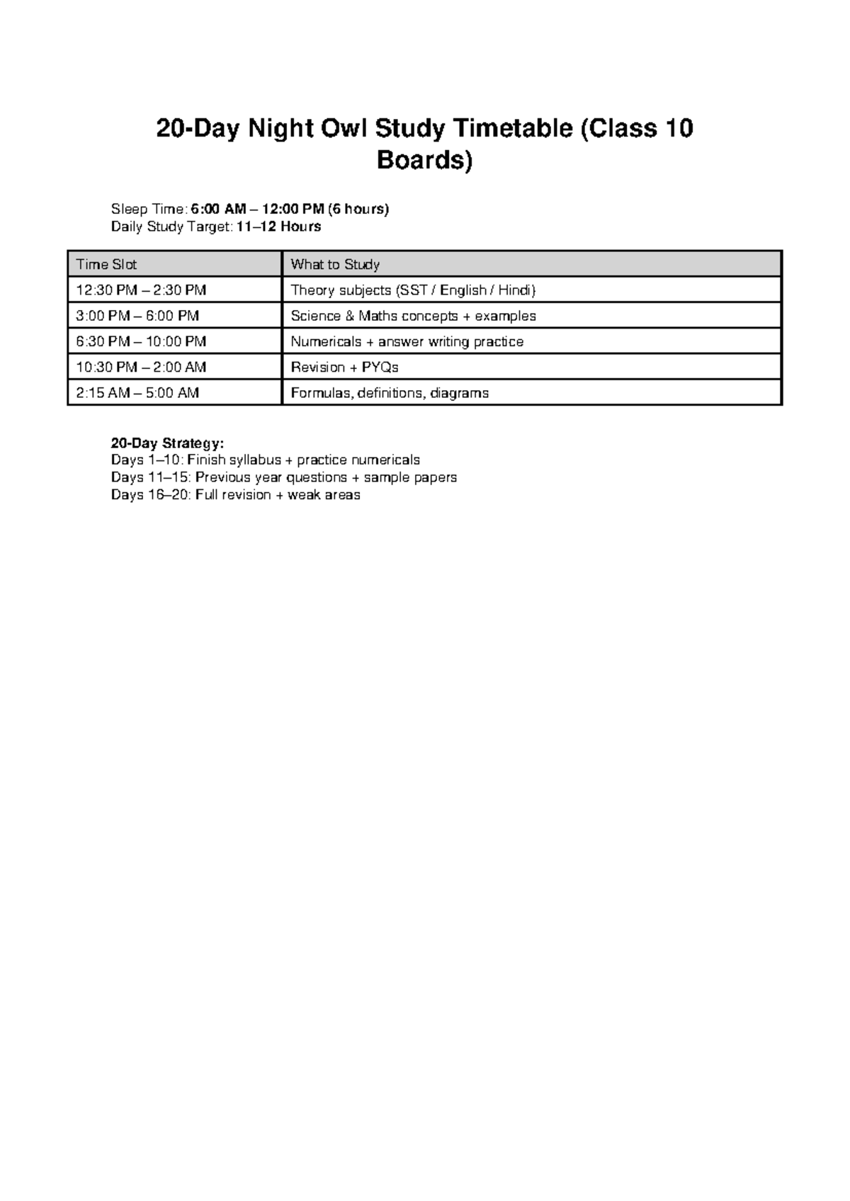 10th Board 20 Days Night Owl Timetable - 20-Day Night Owl Study ...