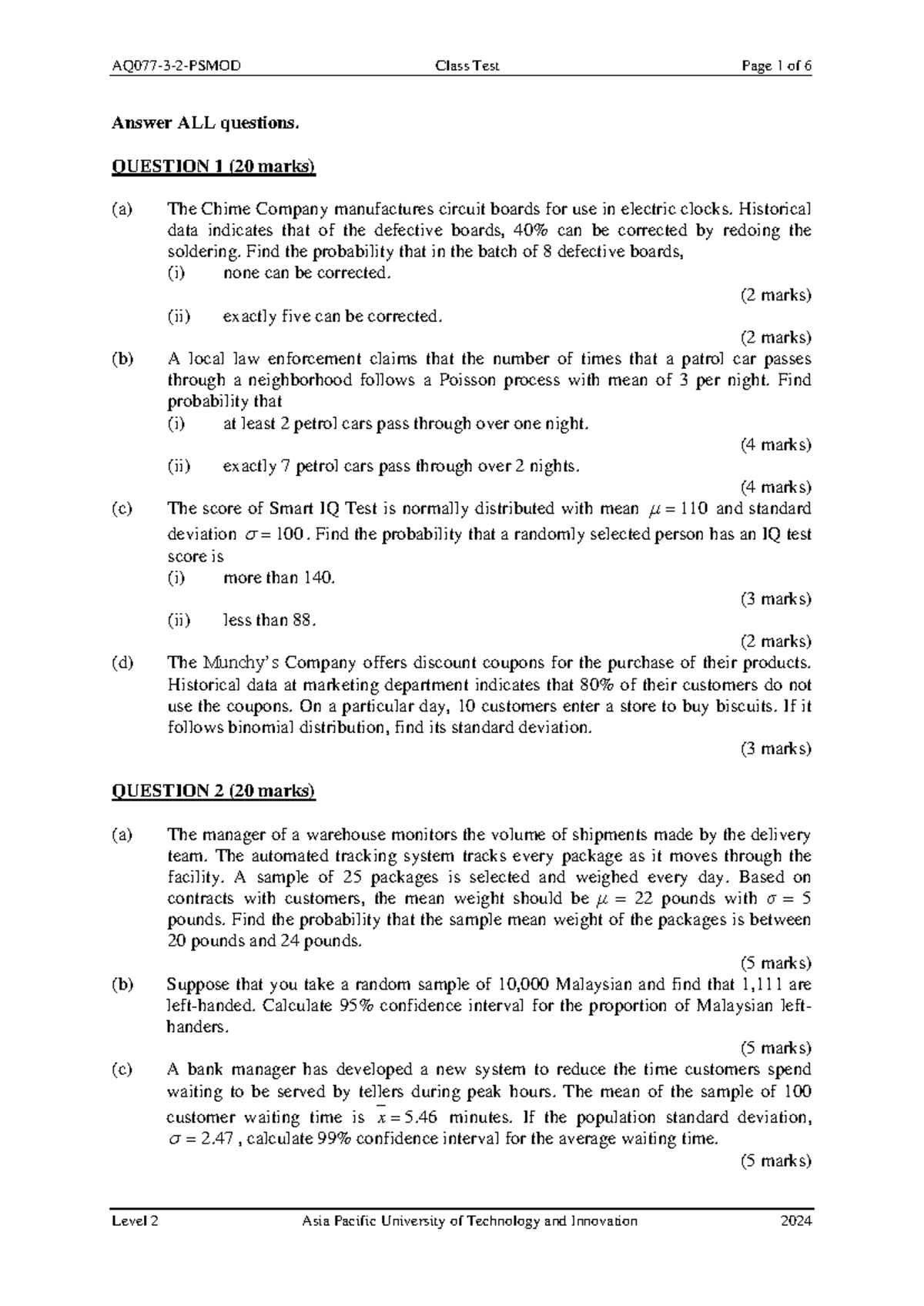 Resit VE-Class Test (Q) - Answer ALL questions. QUESTION 1 ( 20 marks ...