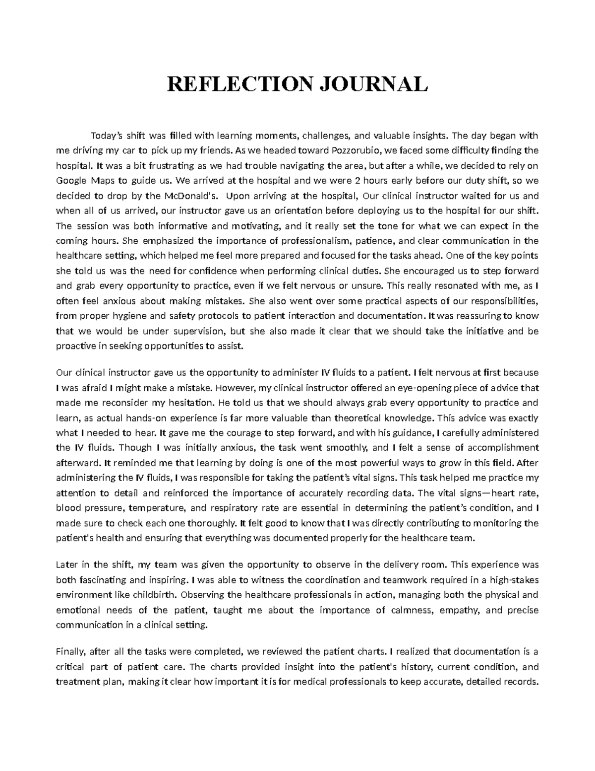 Clinical Reflection Journal: Learning from Hands-on Experience - Studocu