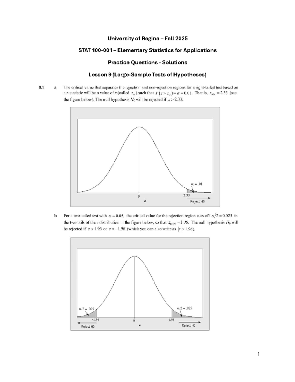 Solutions for Lesson 9 practice problems - STAT 100 - University of ...