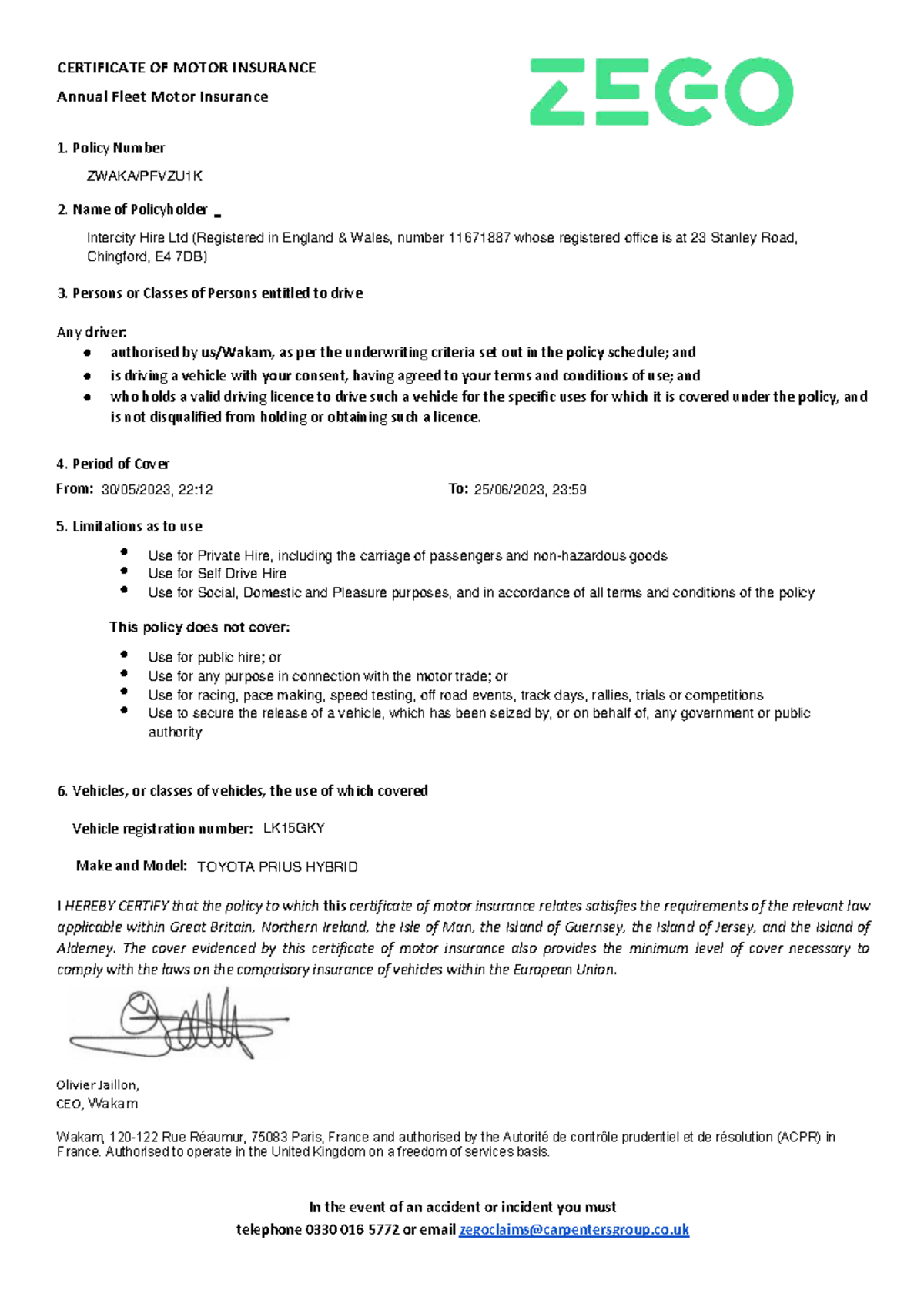 CERTIFICATE OF MOTOR INSURANCE - Annual Fleet Policy for Intercity Hire ...