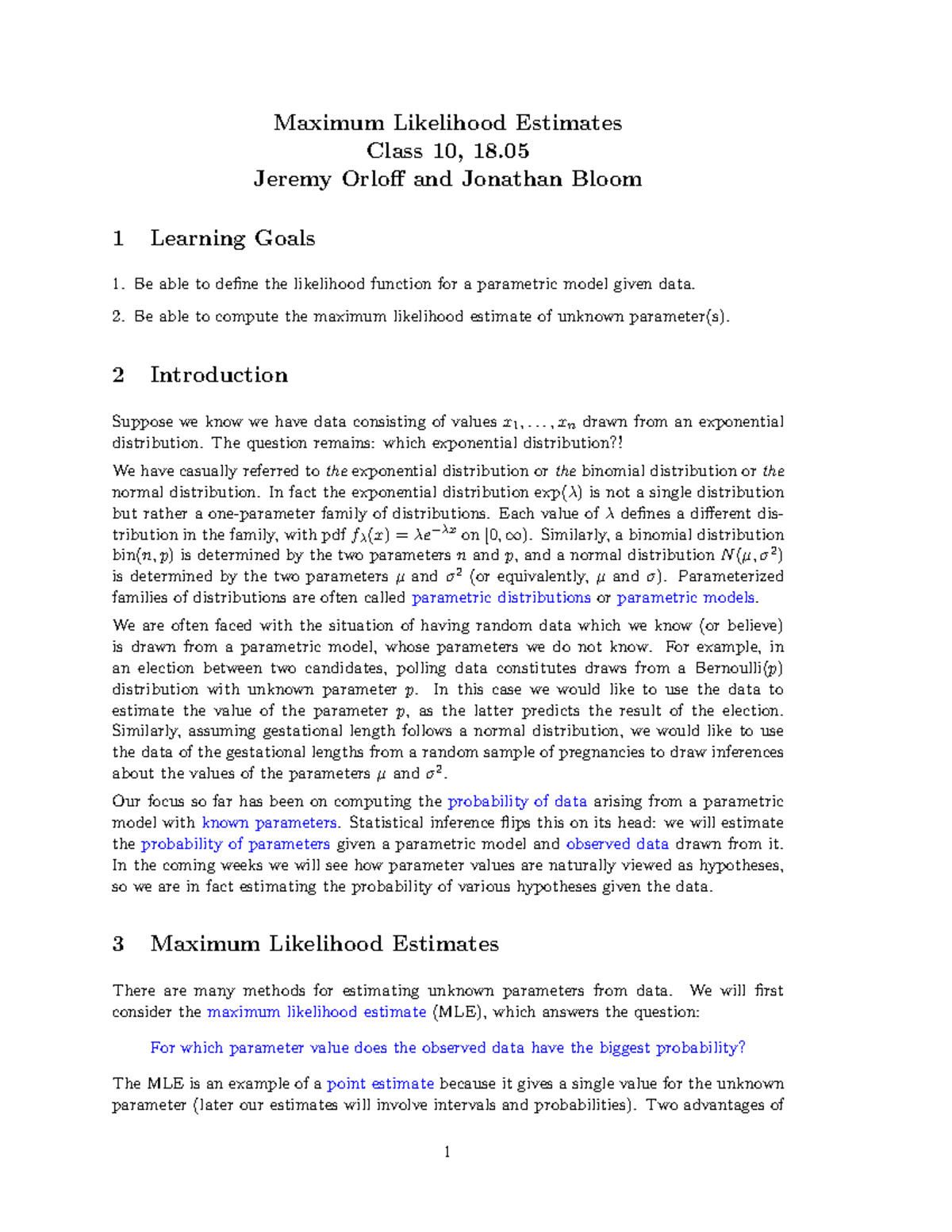 Maximum Likelihood Estimates (MLE) - Class 10, 18.05 Notes - Studocu