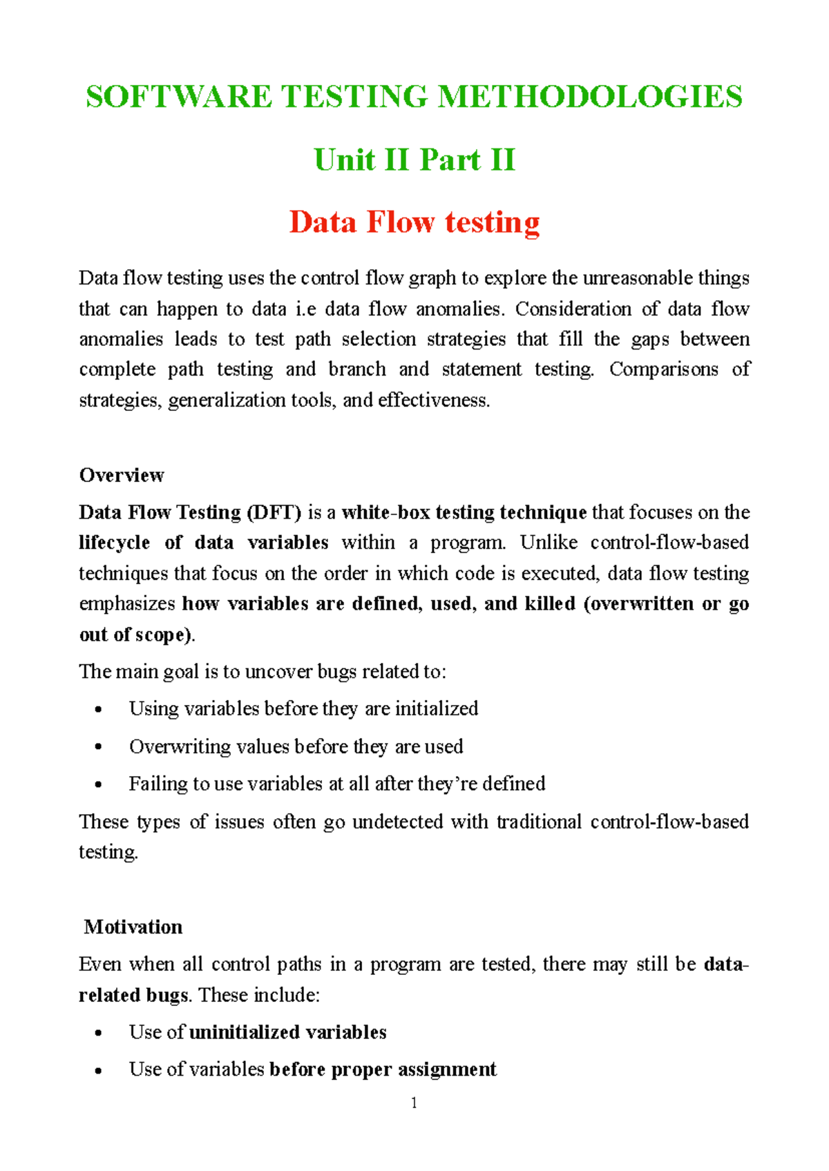 Data Flow Testing Strategies: An Overview (STM Unit II) - Studocu