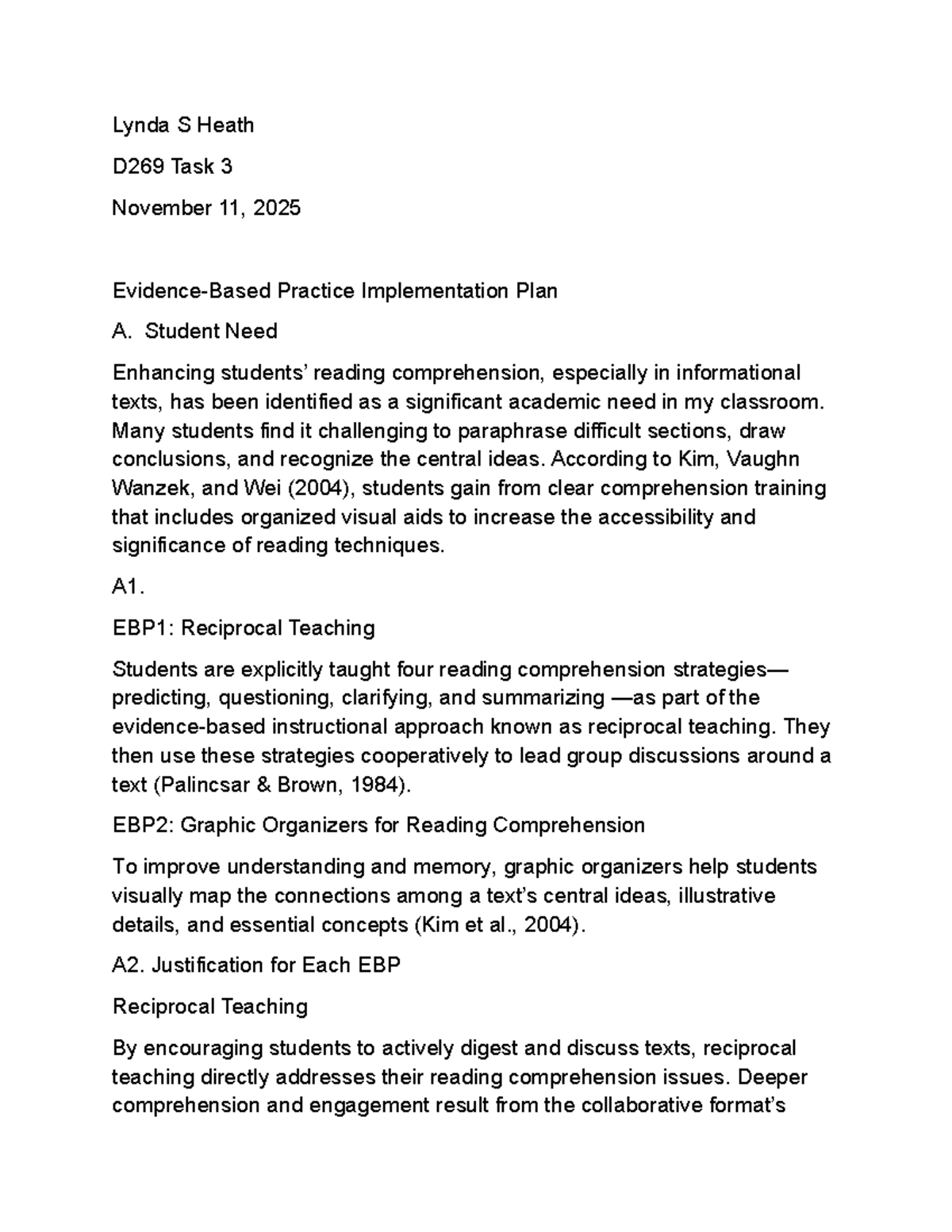 D269 Task 3: Implementation Plan for Enhancing Reading Comprehension ...
