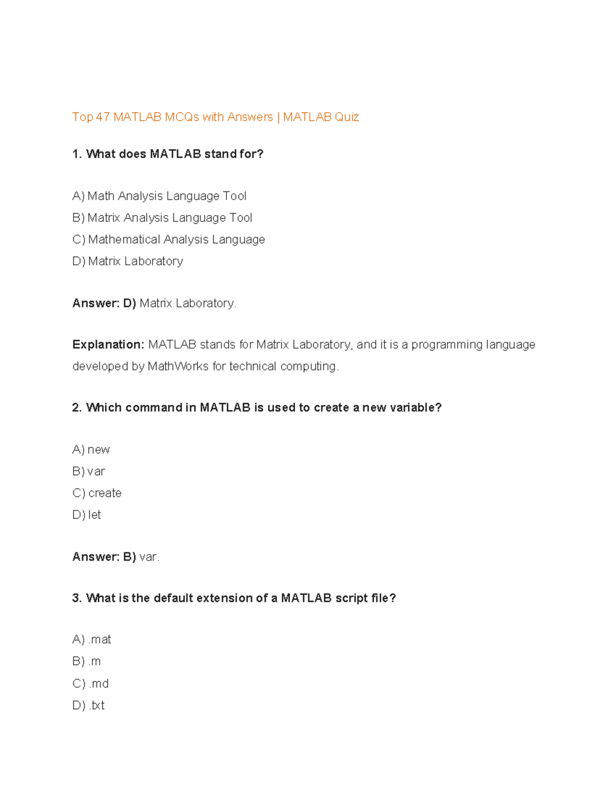 Top 47 MATLAB MCQs & Answers for MATLAB Quiz Preparation - Studocu
