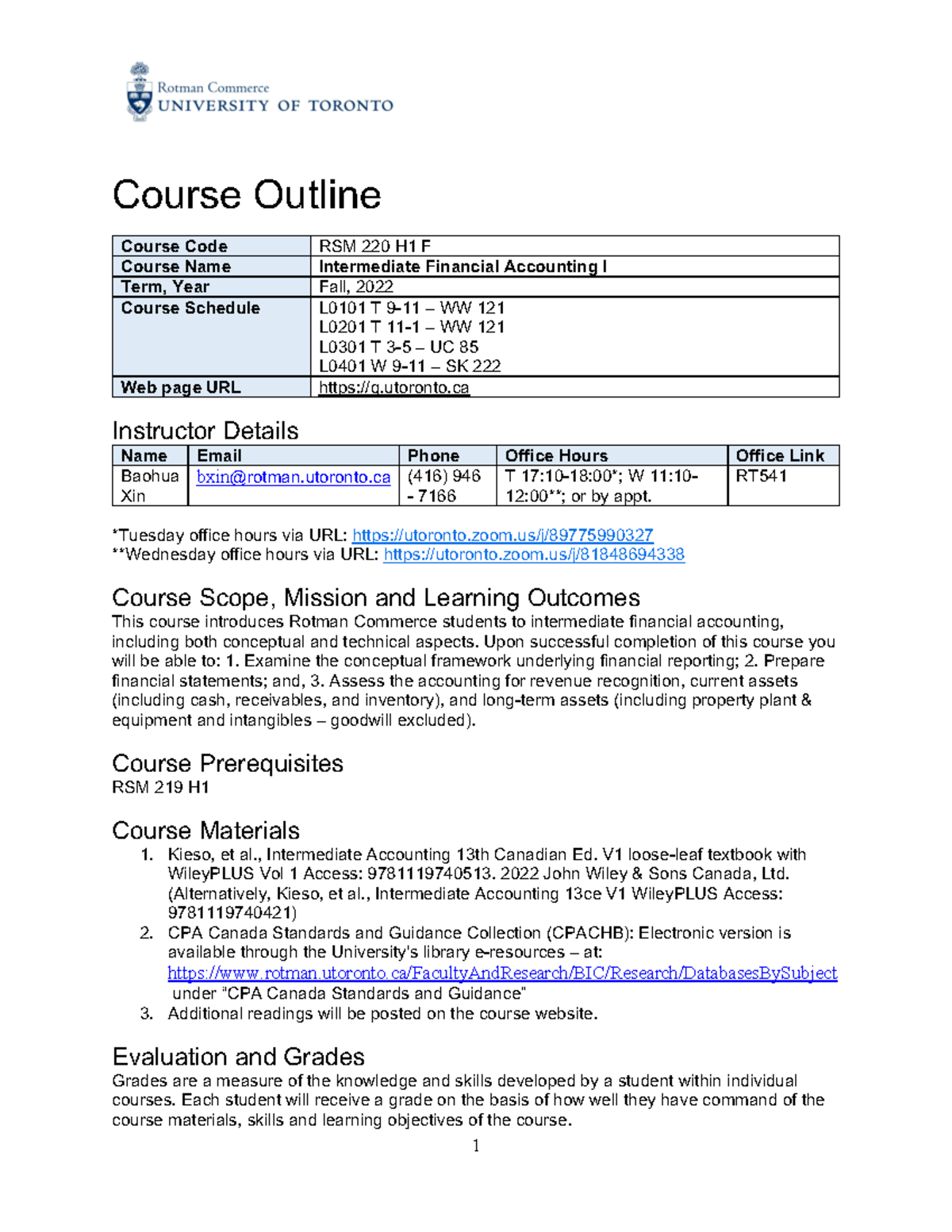 RSM220: Intermediate Financial Accounting I Course Outline - Fall 2022 ...