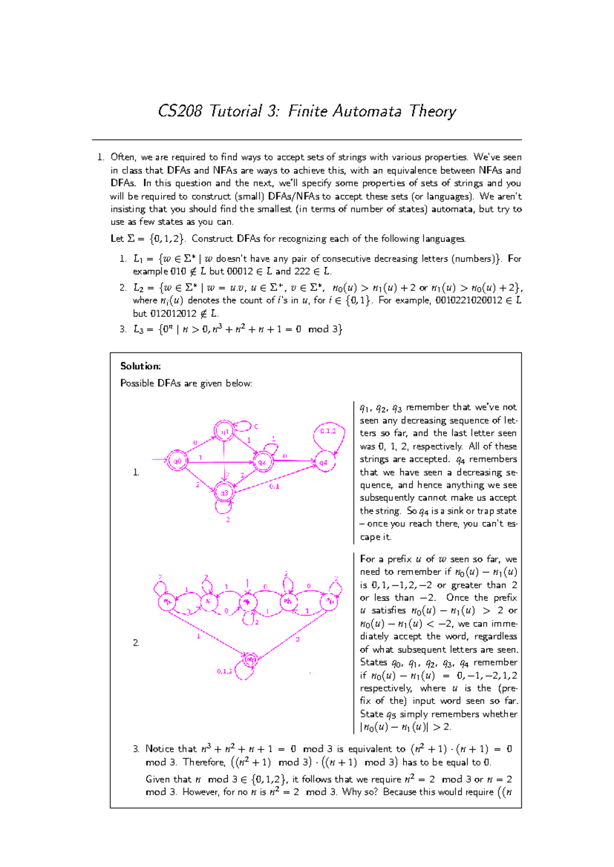 CS208 Tutorial 3: Solutions for Finite Automata Theory - Studocu
