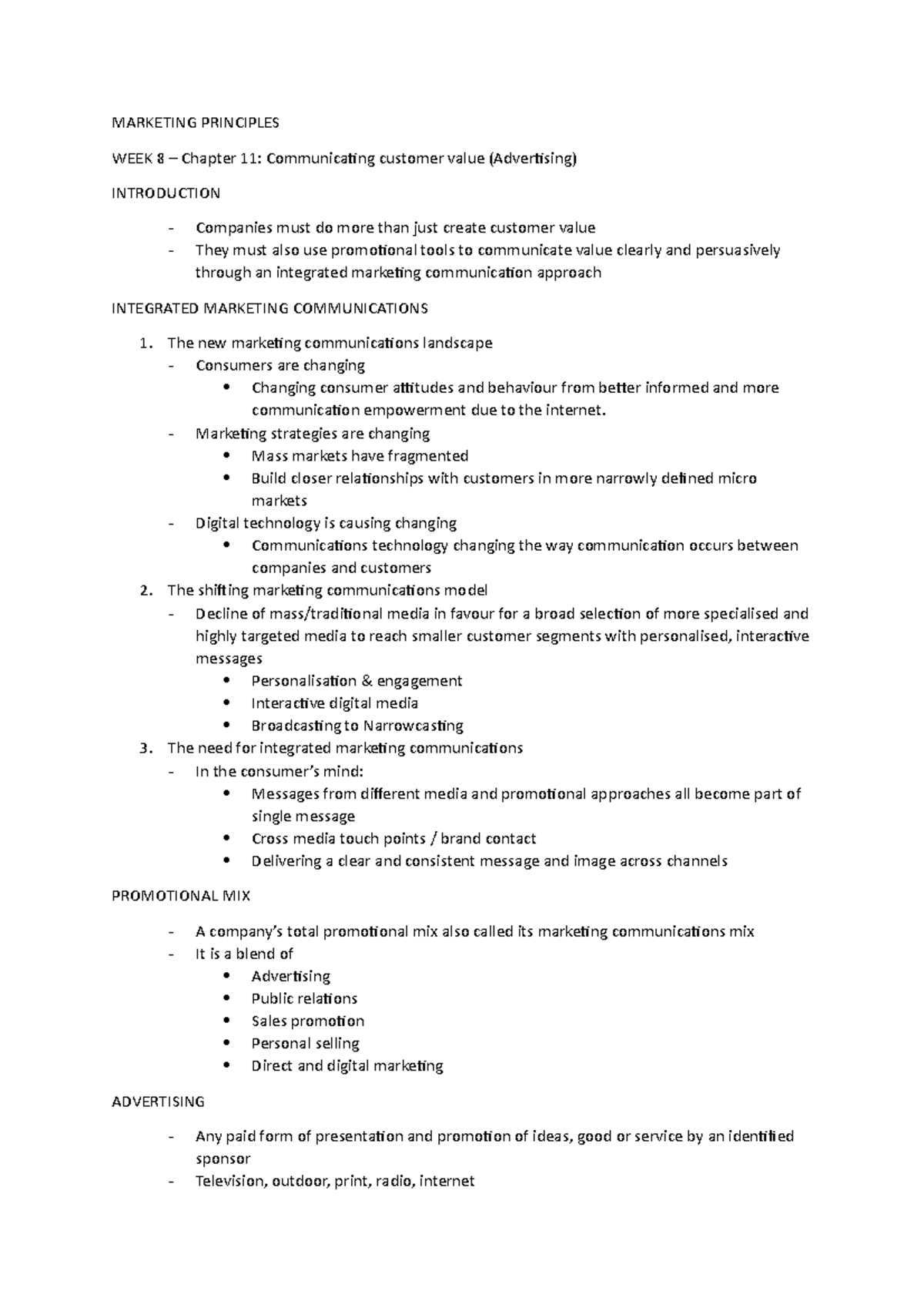 Marketing Principles (MKT 101) - Week 8 Lecture Notes on Customer Value ...