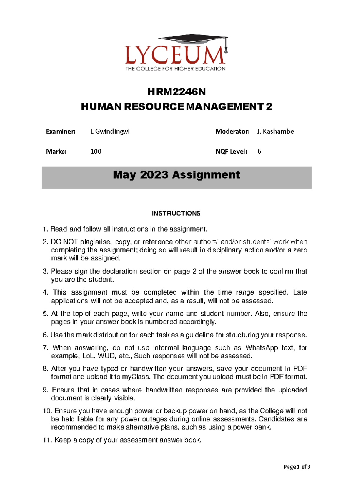 HRM2246N Human resource management 2 May 2023 assignment guidelines ...