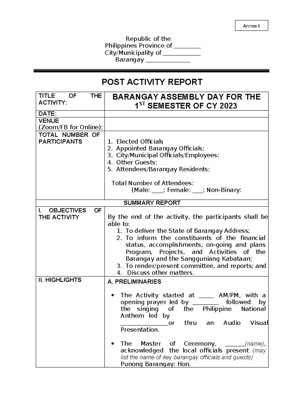 1.7 Barangay Assembly Day Post Activity Report Template for 1st Sem ...