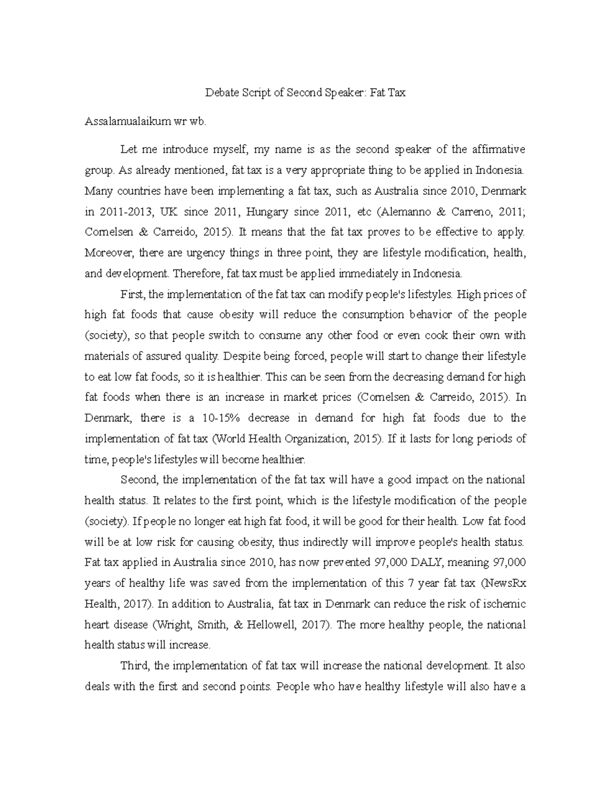 Affirmative 3 Debate Script: Second Speaker on Fat Tax Implementation ...