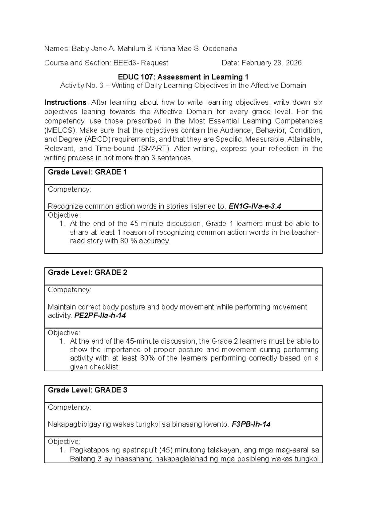 EDUC 107: Activity No. 3 - Writing Daily Learning Objectives (Affective ...