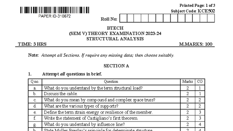 KCE502 - Structural Analysis Theory Exam Notes (BTECH SEM V) - Studocu