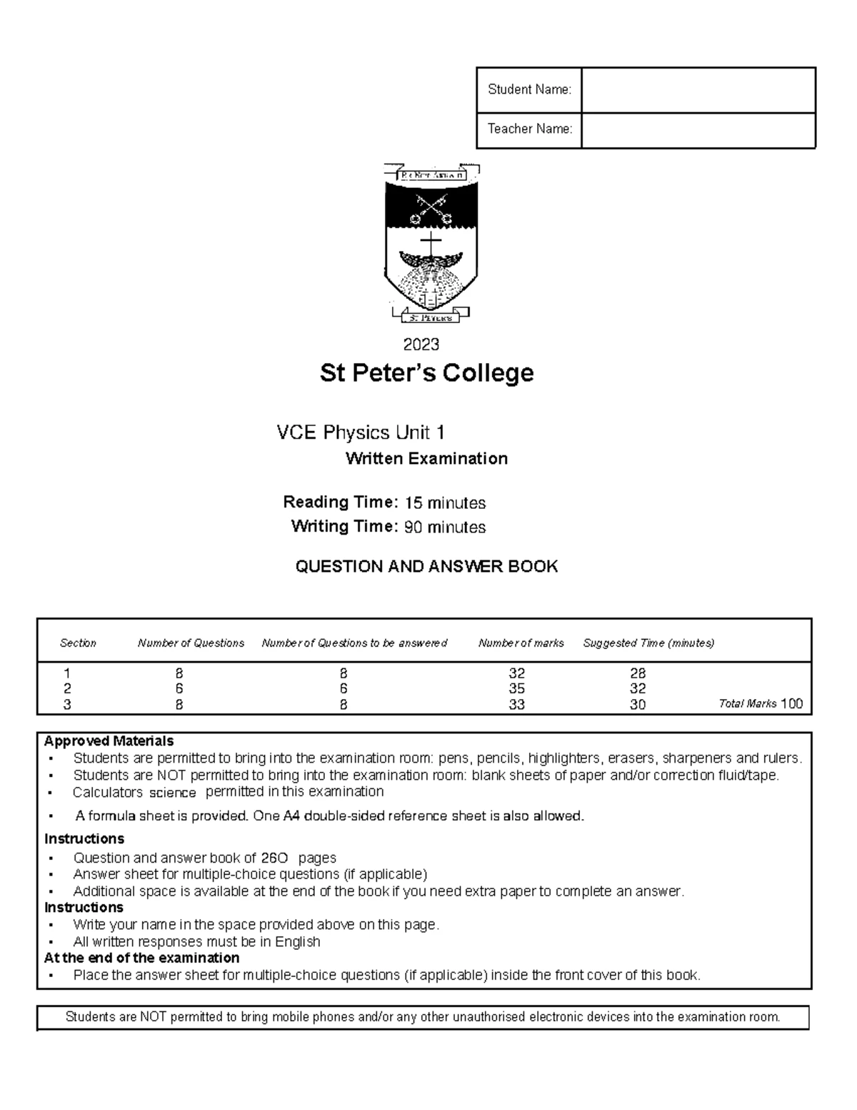 VCE PHYSICS Unit 1 Trial Exam Data Booklet 2025: Key Formulas ...