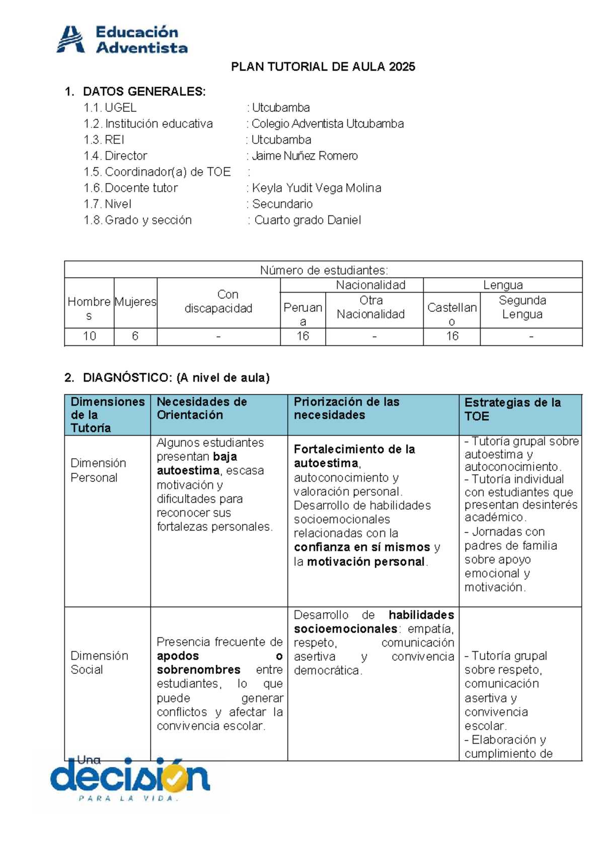 PLAN TUTORIAL DE AULA 2025 - 4TO SECUNDARIA - Studocu