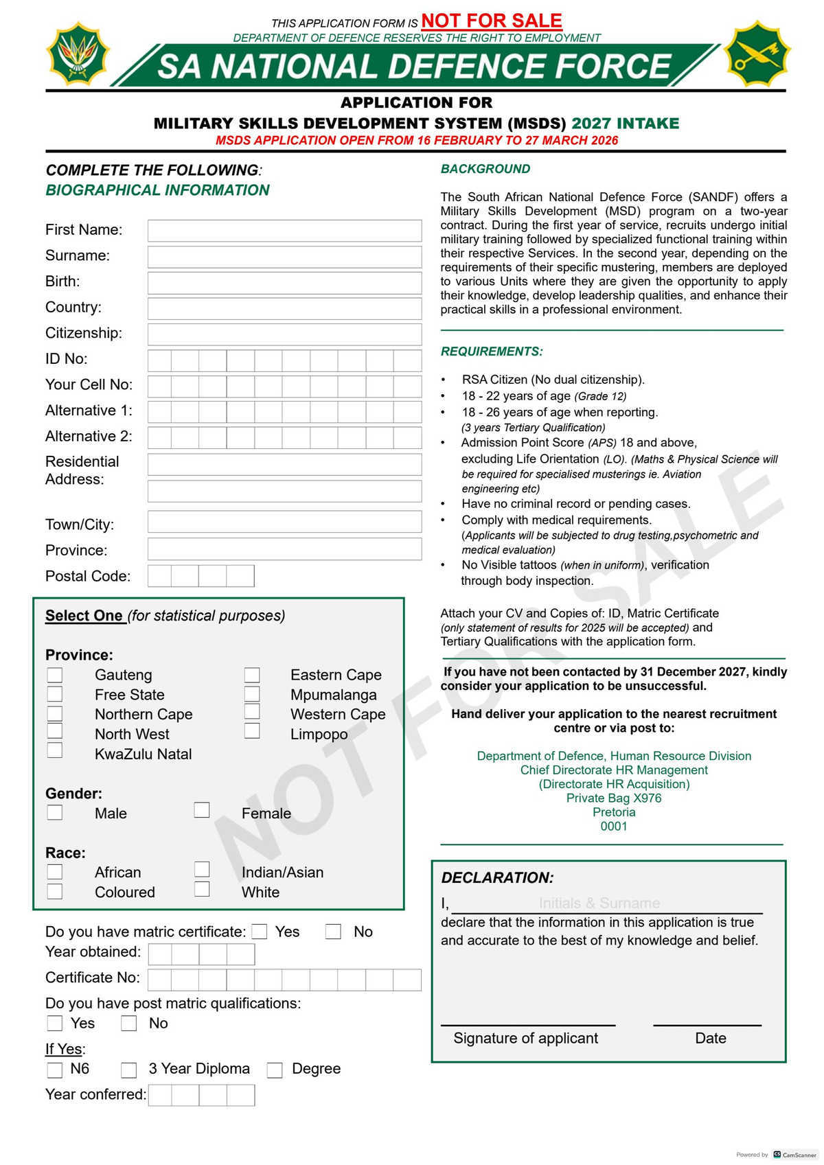 SANDF MSDS Application Form for 2026 Intake - Studocu