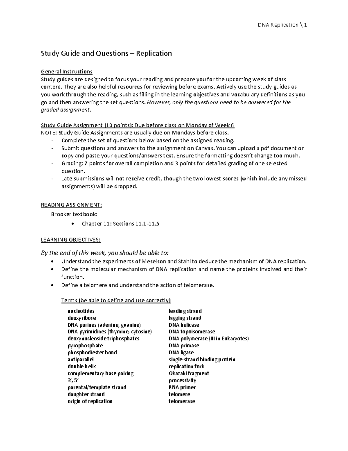 Study Guide and Questions for DNA Replication (BIOL 101 - Week 6 ...