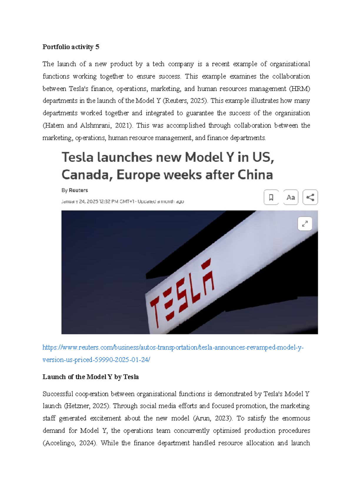 Portfolio Activity 5: Successful Launch of Tesla's Model Y - Studocu