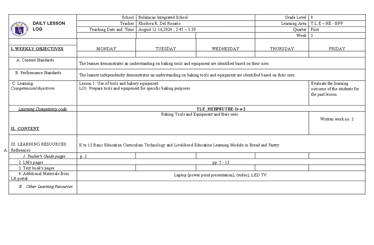 WEEK 2 TLE_HEBP8 - Daily Lesson Log on Bread & Pastry Production - Studocu