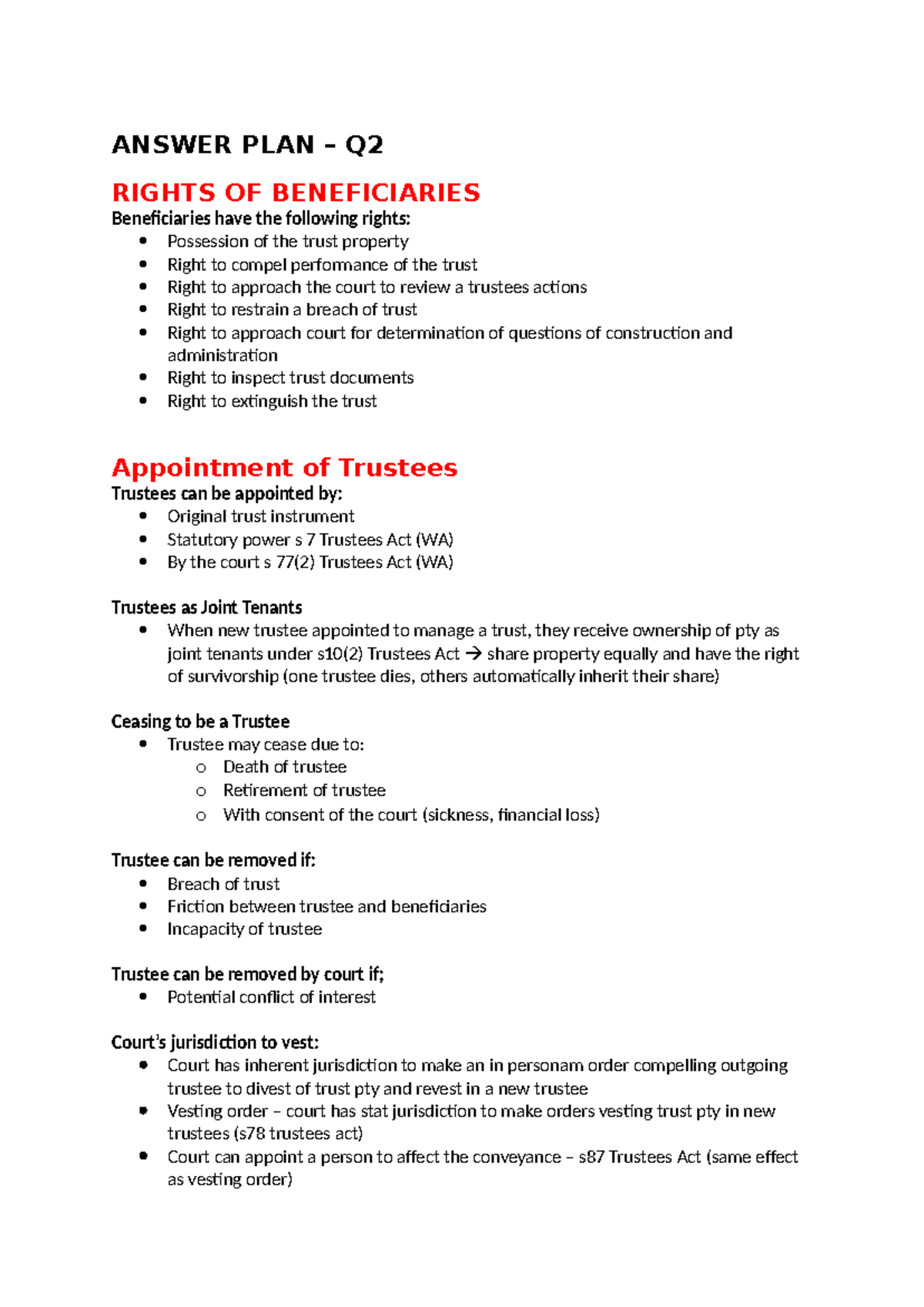Answer PLAN - Question 2 (Lectures 5-11) - ANSWER PLAN – Q RIGHTS OF ...
