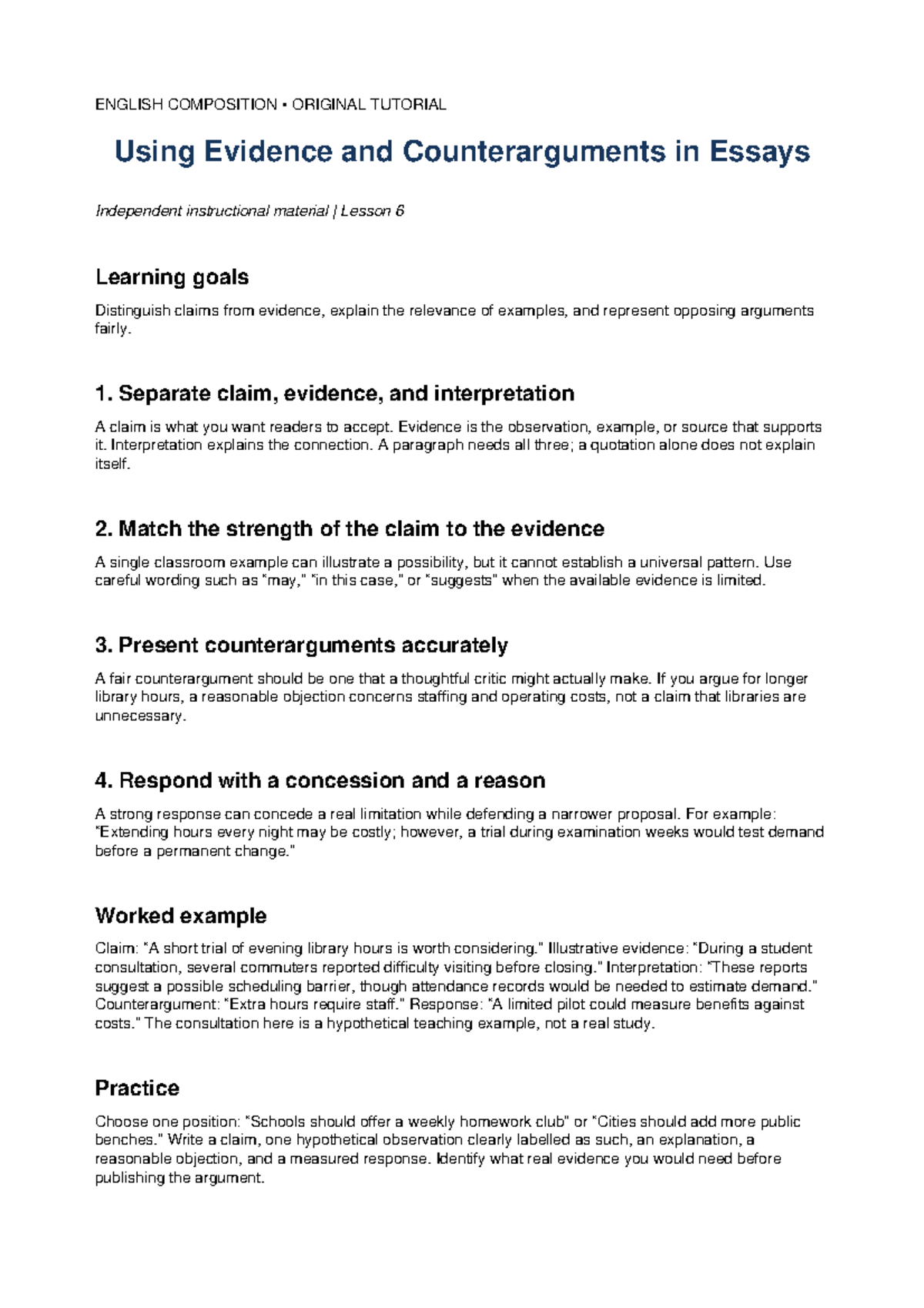 ENGLISH COMPOSITION TUTORIAL: Evidence & Counterarguments in Essays ...