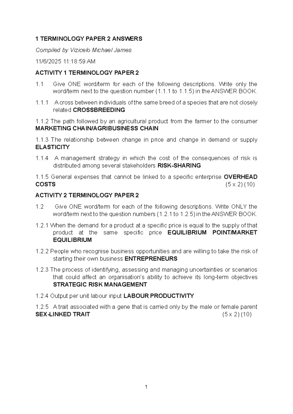 Terminology Paper 2 Answers: Key Concepts and Definitions - Studocu