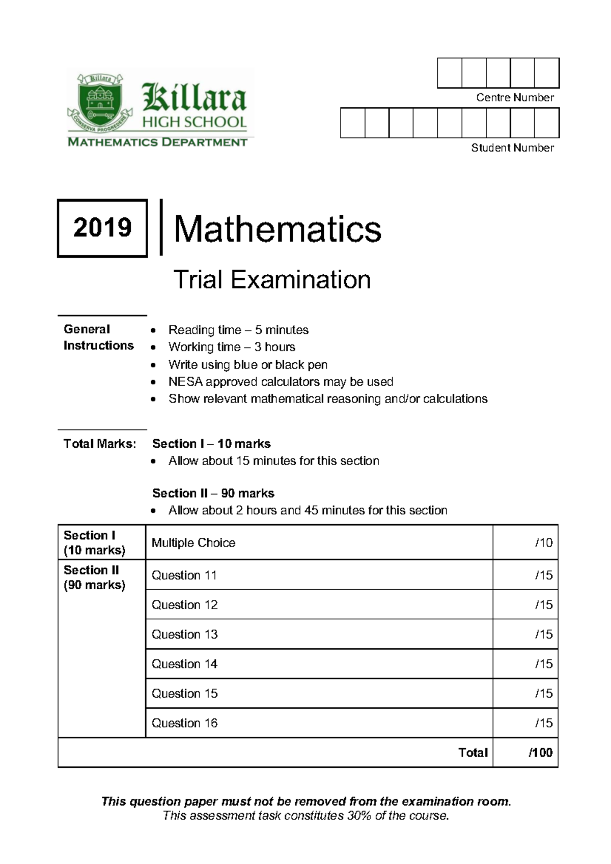 Killara 2019 2U Trials Mathematics Exam Solutions - Studocu